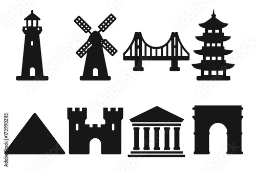 Set of famous global travel landmarks and architectural monument silhouettes