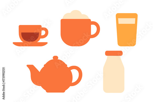 Minimalist set of kitchen and cafe beverage icons including teapot, coffee cup, foamy mug, and milk bottle