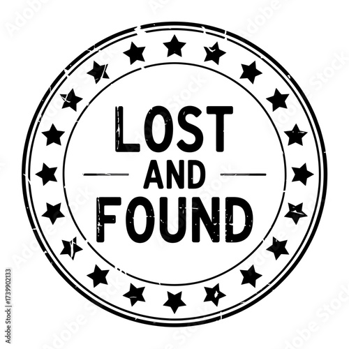 Distressed Lost and Found Stamp with Stars Round Edges Vintage Black and White Design Concept