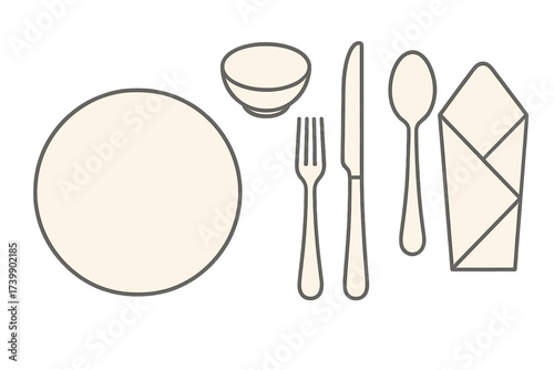 Classic dining setup featuring plate, bowl, knife, fork, spoon, and folded napkin