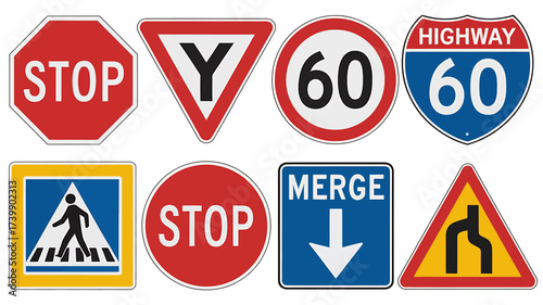 Collection of Important Road Signs for Traffic Safety and Driver Awareness Promoting Safe Driving Practices on Highways and City Streets