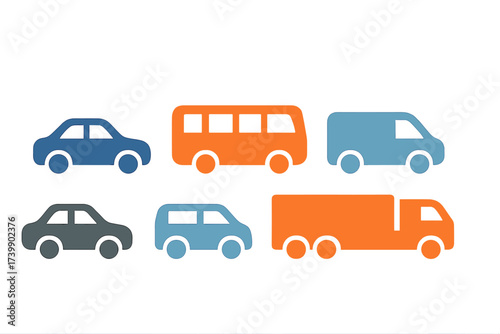 Stylized road transport icons featuring passenger cars, commercial van, bus, and heavy truck set