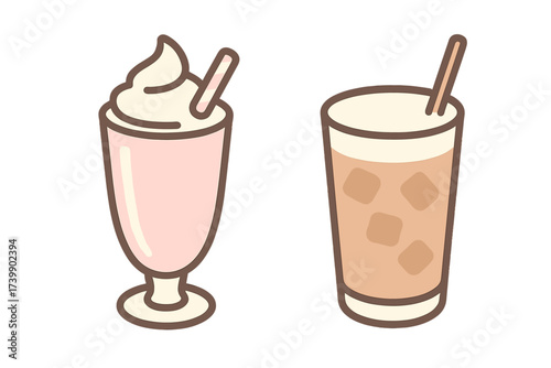 Sweet pink milkshake with whipped cream and refreshing iced coffee cartoon icons