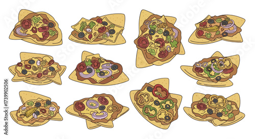 Set of cartoon nachos with various toppings illustration.