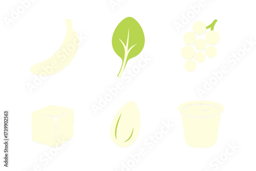 Minimalist set of healthy food icons including banana spinach grapes almond and yogurt
