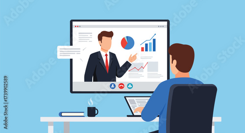 A person watches an online business presentation with charts and graphs on a screen.