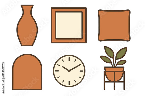 Minimalist collection of isolated interior objects like a vase, clock, picture frame, and houseplant