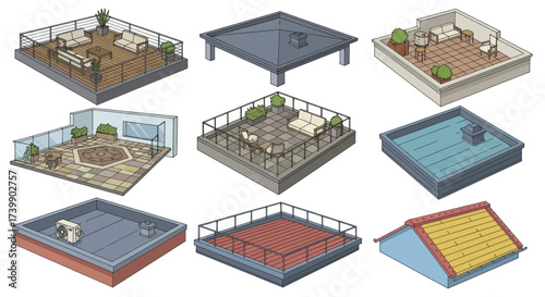 Set of various building rooftops and terraces in isometric view.