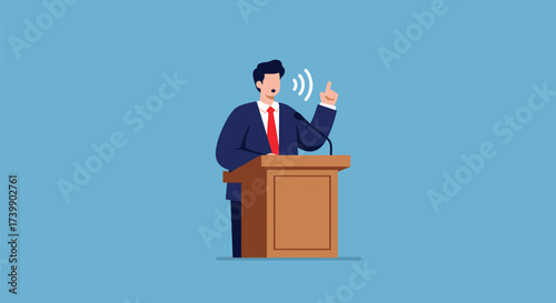 A businessman giving a speech from a podium, gesturing with his hand, and speaking.