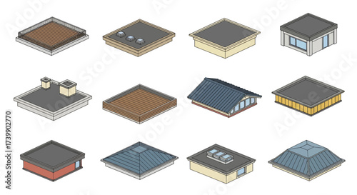 Isometric vector illustration set of different roof styles for buildings.