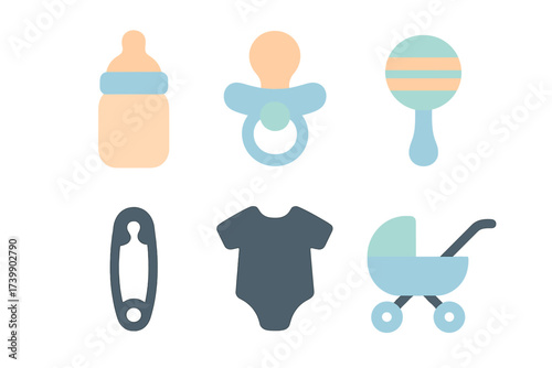 Essential baby items set featuring feeding bottle, pacifier, rattle, onesie, and stroller symbols