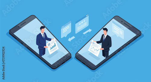 Two businessmen in suits appear on separate smartphones, analyzing documents during a video call.