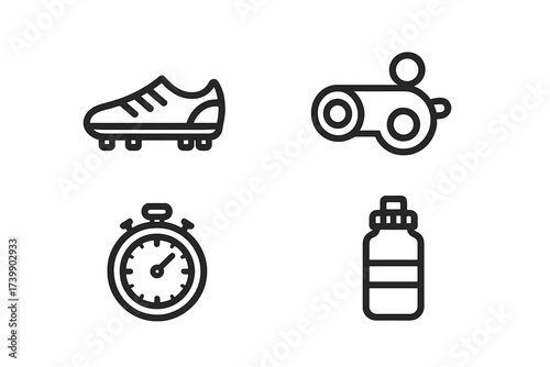Outline sports equipment featuring soccer cleat, stopwatch, binoculars, and water bottle