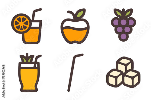 Stylized icons of fresh fruit juices, grapes, apple drink, cocktail glass, and ice cubes