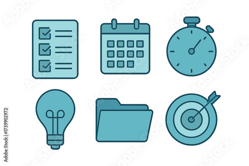 Business planning productivity and time management icons with checklist calendar target