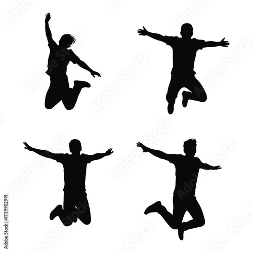 Dynamic silhouette figures of joyful people jumping high in the air for celebration and freedom silhouette