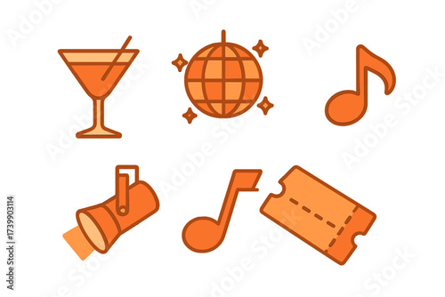 Set of nightlife and party icons featuring cocktail, disco ball, music, spotlight, and event ticket