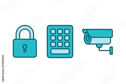 Closed padlock, digital access keypad, and wall mounted surveillance camera symbols