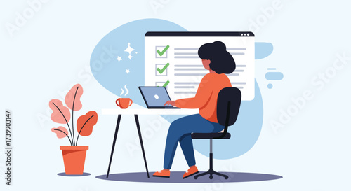 A woman sits at a desk working on a laptop with a checklist displayed on a large screen behind her, accompanied by a plant and a steaming cup.