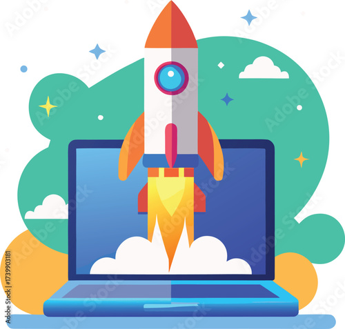 Rocket Launching from Laptop Screen with Abstract Shapes and Clouds Keywords: rocket, launch, laptop