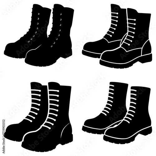 Illustration showing four pairs of military style boots with laces and high tops on a white background