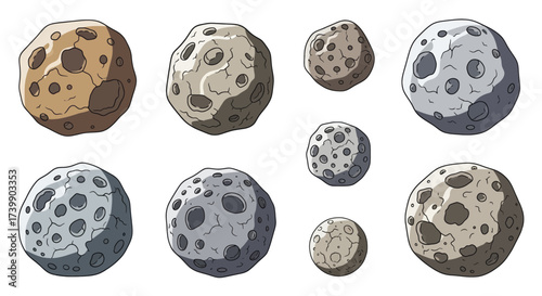 Collection of cartoon asteroids and meteors illustrated as space rocks.