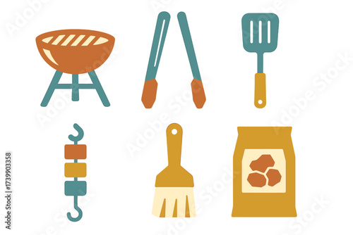 Essential barbecue and grilling tools collection including charcoal grill, tongs, and spatula