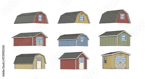 Illustrated set of various outdoor storage sheds and barns.