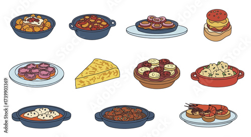 Set of colorful vector illustrations of traditional Spanish tapas dishes.