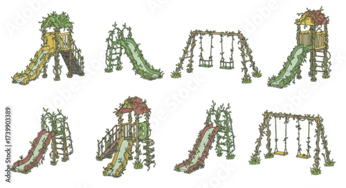 Collection of overgrown playground equipment with vines illustration.
