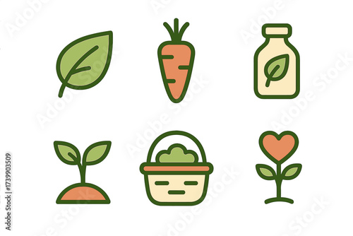 Collection of colorful symbols for gardening, organic food, and natural ecology
