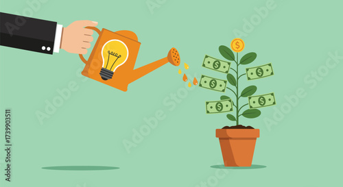 A hand waters a money tree with an idea, symbolizing growth and investment.