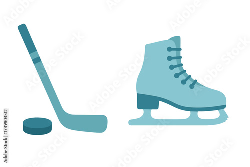 Set of winter sports gear including ice skate, hockey stick, and puck in blue tones