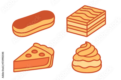 Stylized graphic design assortment of sweet baked goods and confectionery treats
