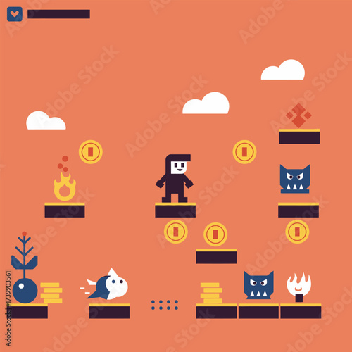 A pixelated video game character navigates a vibrant orange platformer world, collecting coins, avoiding fire hazards, and encountering stylized monsters.