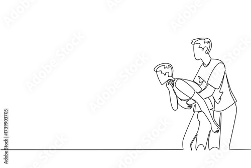 Single continuous line drawing a man performs the Heimlich maneuver on another man holding his neck. Opening a choked airway. Aid. National Heimlich Maneuver Day. One line design vector illustration