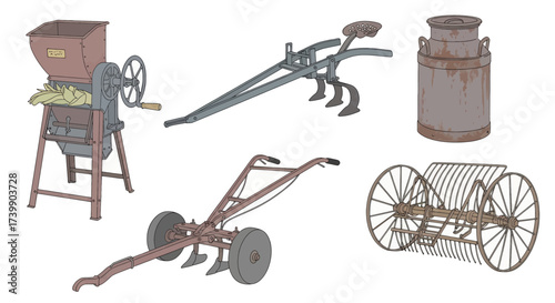 Set of vintage agricultural tools and farm equipment illustration.