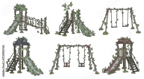 Collection of handdrawn abandoned playground equipment illustrations.