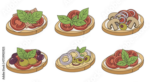 Set of six delicious Italian bruschetta appetizers.