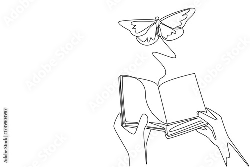Single one line drawing two hands holding thick old book open and taking out a large butterfly. Cultivation methods. Butterfly Education and Awareness Day. Continuous line design graphic illustration