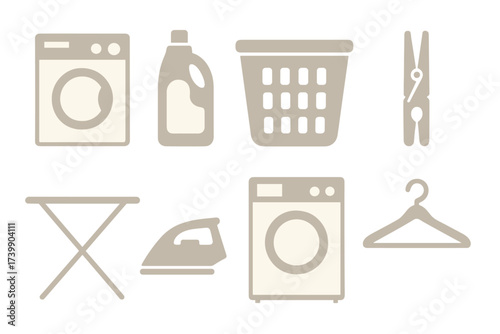 Essential household laundry care symbols and equipment featuring washing machine, iron, and detergent