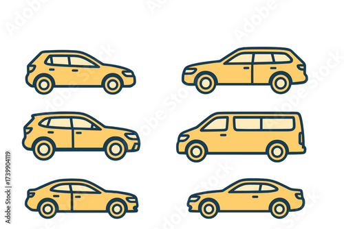 Modern yellow passenger cars collection including SUV sedan wagon and van shapes