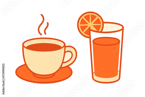 Hot steaming drink on a saucer next to a tall glass of orange juice garnished with a citrus slice