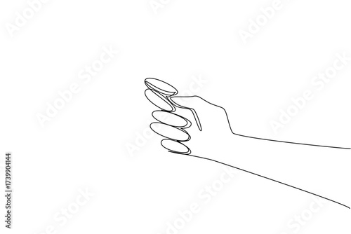 Single one line drawing coin placed on the thumb and index finger, ready to flip a coin. Draw the first game start. The wise way. Luck. Flip a Coin Day. Continuous line design graphic illustration