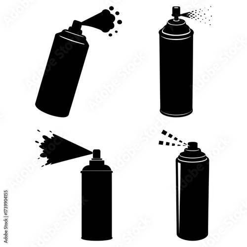 Four black spray paint cans in various spraying actions on a white background in a vector illustration