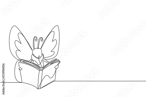 Single one line drawing butterfly is reading a thick book. Reading the story of his own transformation. Good example. Butterfly Education and Awareness Day. Continuous line design graphic illustration