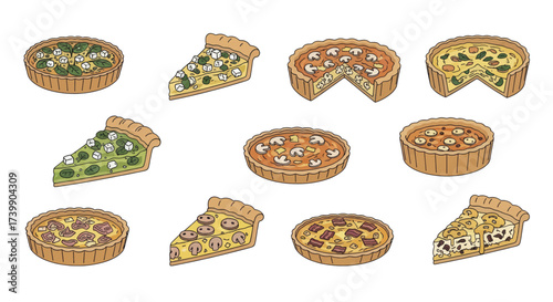 Vector illustration set of various quiche pies with different fillings.