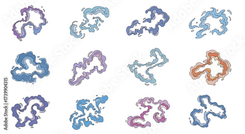 Collection of colorful stylized cartoon smoke and steam effects.