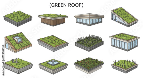 Set of various green roof designs for sustainable architecture.
