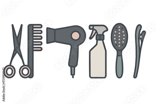 Professional hairdressing tools set including scissors comb hairdryer and brush
